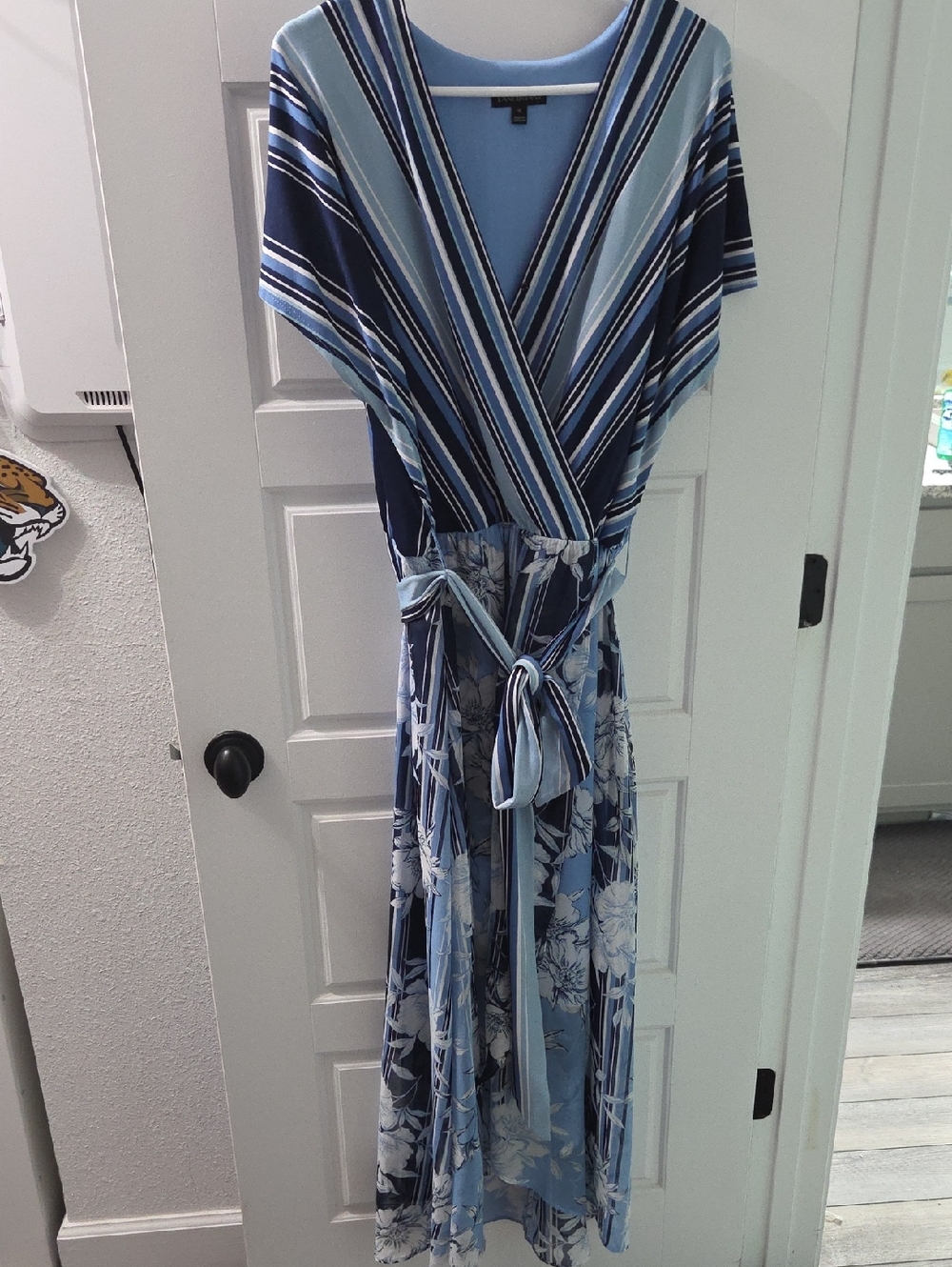 Blue Striped & Floral Faux Wrap Dress